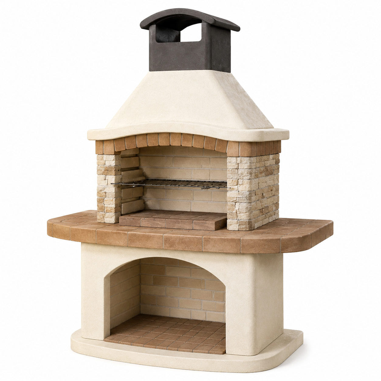 Grillkamin aus Betonwerkstoff mit Metallrost, Beige/Braun/Anthrazit, 110 x 65 x 180 cm