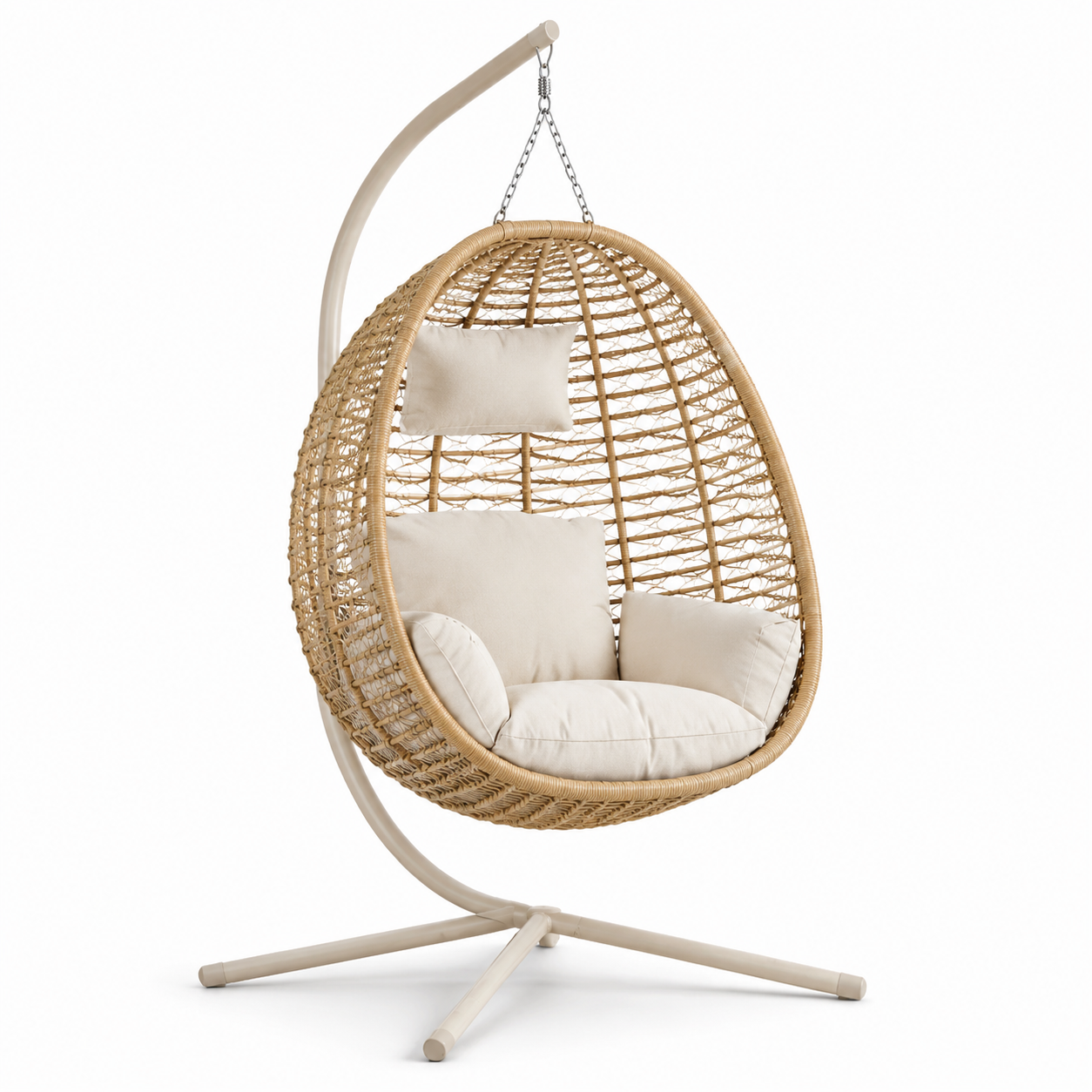 Freistehender Hängesessel aus Polyrattan mit Stahlgestell und Polstern, Natur/Beige/Creme, 115 x 105 x 195 cm