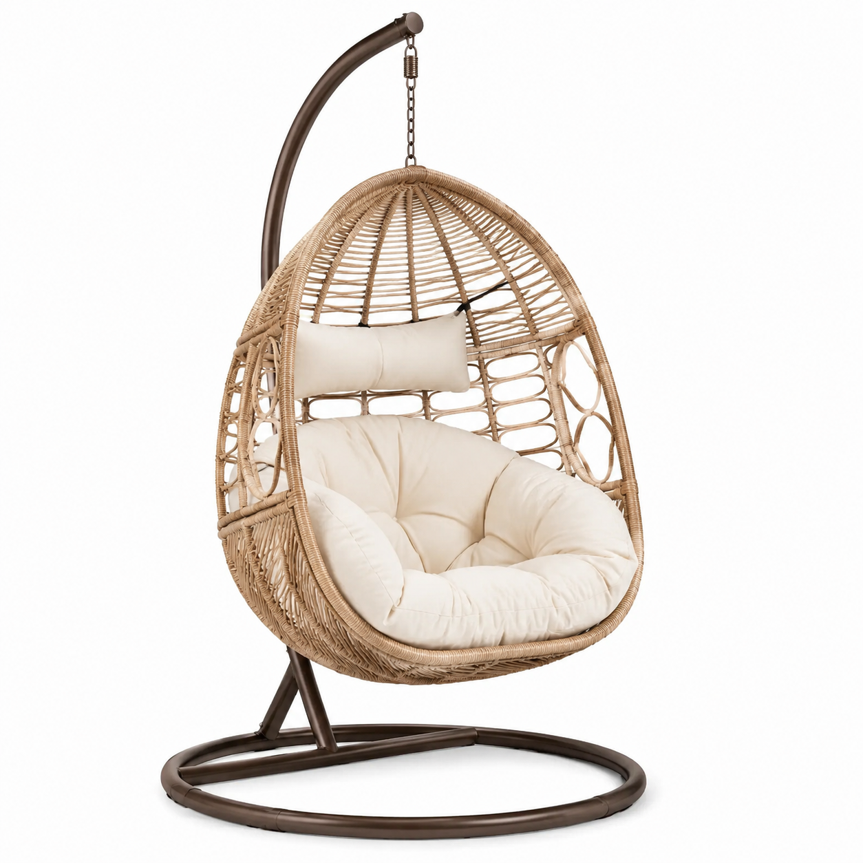 Freistehender Hängesessel aus Polyrattan und Stahl, Beige/Braun/Cremeweiß, 105 x 105 x 195 cm