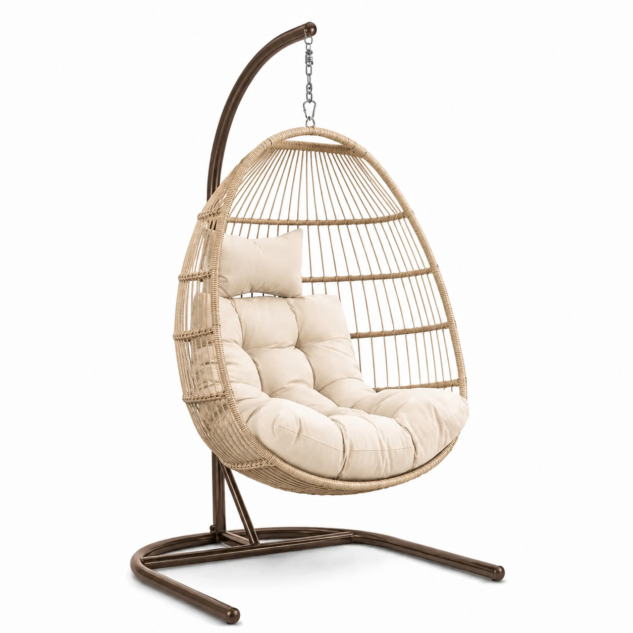 Freistehender Hängesessel mit Stahlgestell und Polstern, Beige/Braun/Creme, 105 x 105 x 195 cm