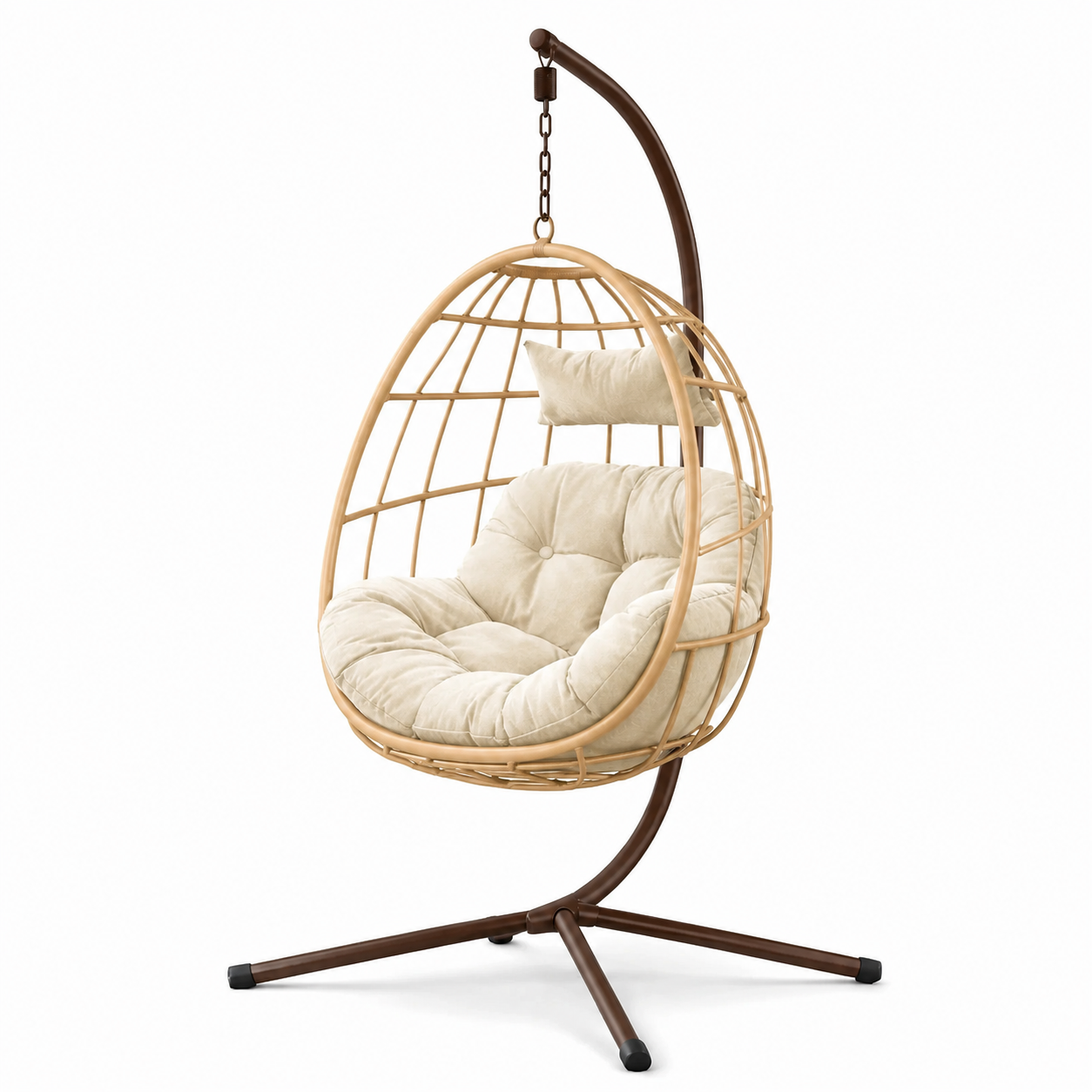 Gepolsterter Hängesessel mit Metallgestell, 110 x 110 x 195 cm, Beige/Braun