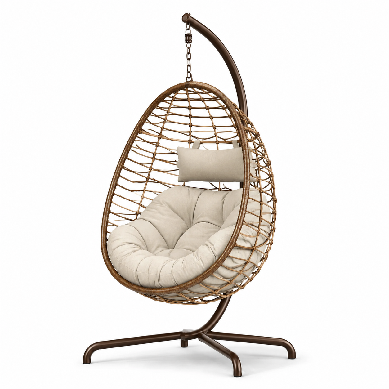 Freistehender Hängesessel aus Polyrattan mit Stahlgestell und Polstern, Braun/Beige, 105 x 105 x 195 cm