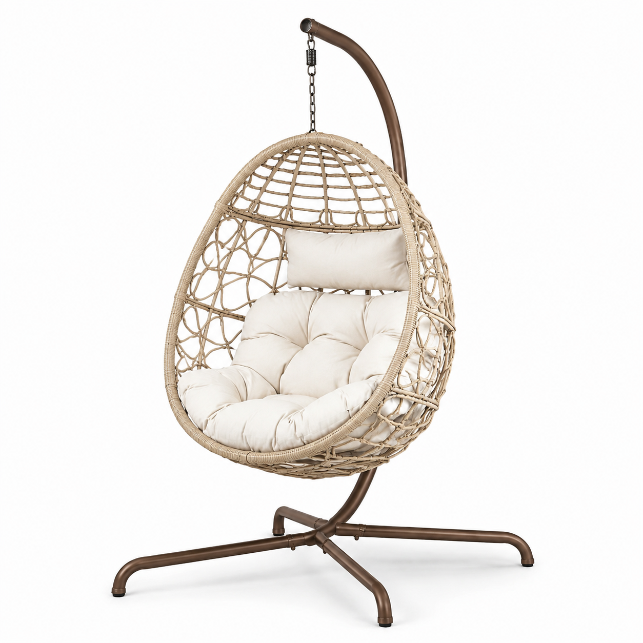 Freistehender Hängesessel mit Gestell und Polsterung, 115 x 105 x 198 cm, Beige/Braun/Cremeweiß